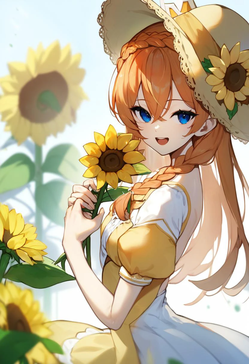 score_9, score_8_up, score_7_up, score_6_up, <lora:DPOXL:1> <lora:scottieXL_JS2_lokr_V1225:1> 1girl, solo, braid, looking at viewer, blue eyes, smile, open mouth, sunflower, flower, hat, crown braid, holding, long hair, yellow headwear, side braid, bangs, orange hair, dress, brown hair, puffy sleeves, holding flower, breasts, small breasts