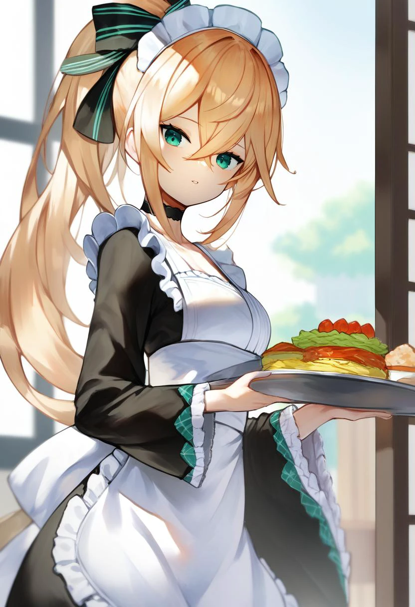 score_9, score_8_up, score_7_up, score_6_up, <lora:DPOXL:1> <lora:scottieXL_JS2_lokr_V1225:1> 1girl, solo, kazama iroha, virtual youtuber, blonde hair, japanese clothes, looking at viewer, ponytail, maid headdress, parted lips, wide sleeves, holding, apron, kimono, bangs, long sleeves, frills, hair between eyes, maid apron, green eyes, wa maid, crossed bangs, black choker, aqua eyes, frilled apron, hair ribbon, bow, tray, choker