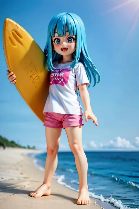 (8k, best quality, masterpiece:1.2), maron, blue eyes, aqua hair, blunt bangs, AS-YoungerV2, surfing <lora:maron_v0_5_dadap-000042:1> long hair,t-shirt, shorts,barefoot,happy,ocean,