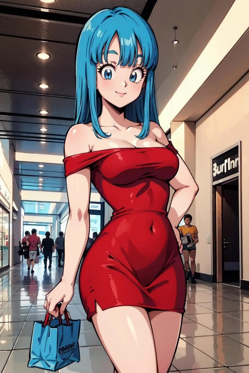 (8k, best quality, masterpiece:1.2),,retro artstyle,mall, shopping center,indoors,solo,1girl,maron,(red short dress), bare shoulder,(blue eyes,aqua hair,blunt bangs),off shoulder,standing, light smile,looking at viewer,(arms at sides), medium breasts, short sleeves,long hair <lora:maron_v0_5_dadap-000042:1>