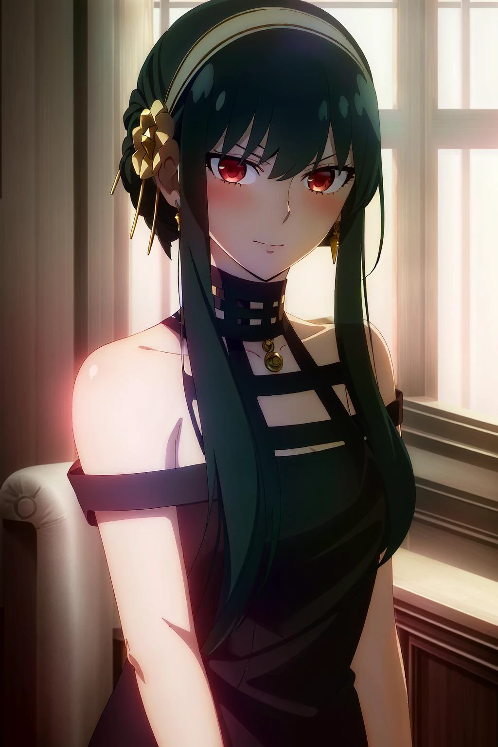 <lora:OGT_Yor_Forger-v1:0.8> Yor Forger, ((masterpiece, best quality)), (((extremely detailed, intricate details, lush detail, insanely detailed face, beautiful red eyes, shiny skin, sharp eyes))), ((Indoors, dramatic shadows, vibrant colors, backlighting, depth of field, highleg, contrapposto)), (((solo, 1girl, shadow over face, shaded face, glowing red eyes))), ((black hair, medium breasts, hairband, hair ornament, sidelocks, black dress, flower, jewelry, hair flower, bare shoulders, bangs, collarbone, gold hairband)), (upper body, looking at viewer, serious, slight smile), corneo_thorn_princess_yor