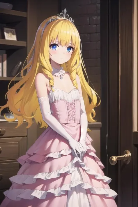 best quality, masterpiece, detailed,
LatifaFleuranza,
solo,,my room
blonde hair, blue eyes, very long hair, tiara,
, pink dress, bare shoulders, elbow gloves, necklace,
looking at the viewer,,miniskirt,thighhighs,(((lift skirt,lace panties,blush)))
