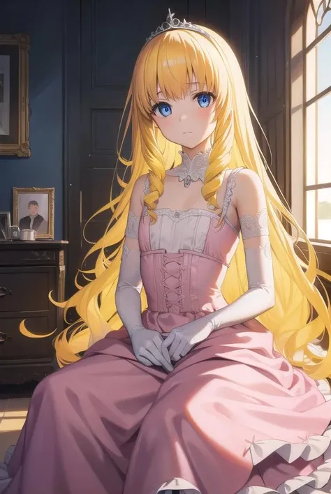 latifafleuranza, <lora:latifafleuranza-lora-nochekaiser:1>,
latifa fleuranza, (yellow hair:1.5), blue eyes, long hair, (flat chest:1.2),
BREAK diadem, tiara, elbow gloves, gloves, white gloves, dress, frilled dress, long skirt, frilled skirt, corset, (pink dress:1.5),
BREAK looking at viewer, full body,
BREAK indoors,
BREAK <lyco:GoodHands-beta2:1>, (masterpiece:1.2), best quality, high resolution, unity 8k wallpaper, (illustration:0.8), (beautiful detailed eyes:1.6), extremely detailed face, perfect lighting, extremely detailed CG, (perfect hands, perfect anatomy),