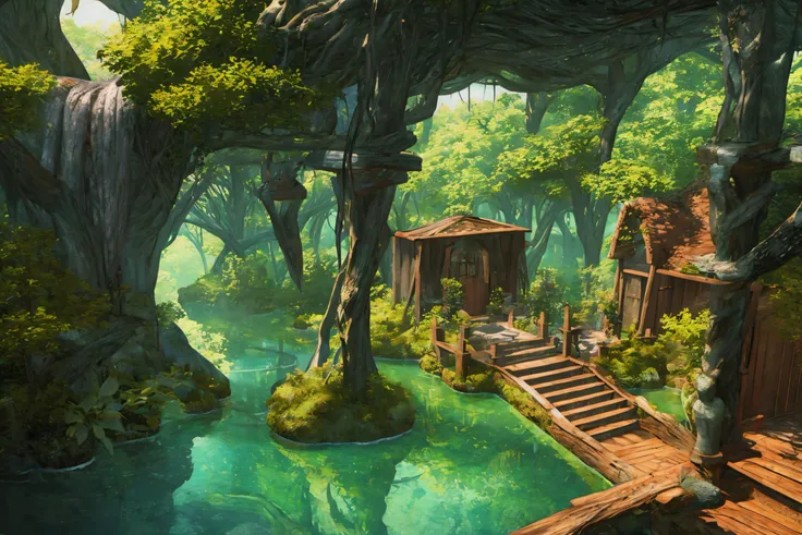 (masterpiece, best quality:1.5), absurdres, (3d, hyperrealistic),faux traditional media, intricate details, ultra-detailed, 8k, insanely detailed, <lora:LOD-16:0.8>, LODBG, no humans, forest, outdoors, day, building, scenery, window, stairs, (fantasy), house, (town:1.3), volumetric lighting, perfect composition, highly detailed, extremely detailed landscape, sunlight, (cinematic), volumetric lighting, reflection, hyper-detailed, perfection