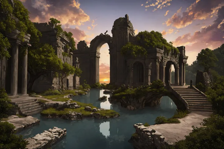 (masterpiece, best quality:1.5), absurdres, intricate details, 8k, fantasy, retro artstyle, <lora:LOD-16:0.9>, LODBG, no humans, outdoors, sky, cloud, water, tree, cloudy sky, nature, scenery, reflection, sunset, ruins, pillar, moss, overgrown,  volumetric lighting, perfect composition, highly detailed, extremely detailed landscape, (hyper detailed)