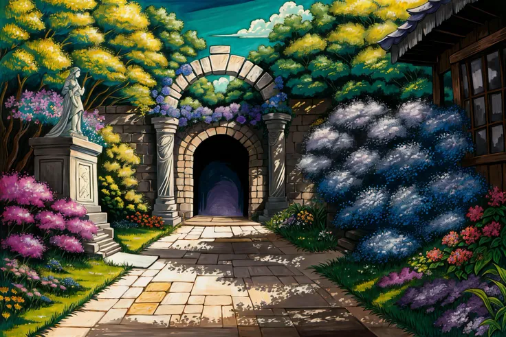(masterpiece, best quality:1.5), (2d:1.4), (Traditional media:1.3), thick lineart, video game cover, absurdres, intricate details, 8k, fantasy, retro artstyle, <lora:LOD-16:0.8>, LODBG, no humans, flower, outdoors, sky, day, tree, grass, plant, building, scenery, stairs, purple flower, ruins, statue, overgrown, garden, reflection, (soft lighting), [bloom:0.3], perfect composition, highly detailed, extremely detailed
