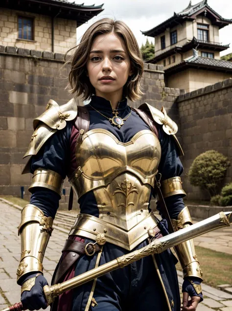 (japanese feudal castle background:1.2), <lora:MelindadeCameron-10:0.8> MelindadeCameron, 1girl, (italian:1.3), solo, young woman, boyish short hair, light brown hair, brown eyes, armor, gauntlets, breastplate, greaves
