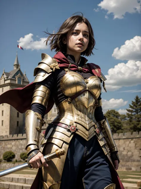 (japanese feudal castle background:1.2), <lora:MelindadeCameron-10:0.8> MelindadeCameron, 1girl, (italian:1.3), solo, young woman, boyish short hair, light brown hair, brown eyes, armor, gauntlets, breastplate, greaves