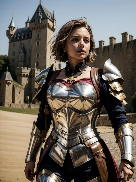 (medieval castle background:1.2), <lora:MelindadeCameron-10:0.8> MelindadeCameron, 1girl, solo, boyish short hair, brown hair, brown eyes, armor, gauntlets, breastplate, greaves