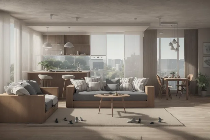 (masterpiece),(high quality), best quality, real,(realistic), super detailed, (full detail),(4k),8k,indoors,table, couch, potted plant, plant, scenery, chair, solo, wide shot, window, sitting, socks, instrument, plate, carpet, pillow, shoes, bed