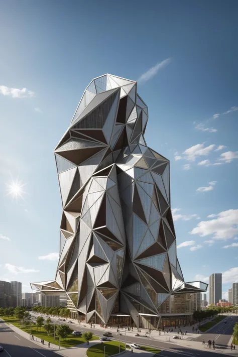 A futuristic and stunningly beautiful high-rise shopping center architectural structure with bold, futuristic design elements, blending seamlessly into the art form of digital illustration. Inspired by the works of Syd Mead. The scene showcases the center amidst a bustling city, its sleek lines contrasting with the urban environment. A warm color temperature adds vibrancy, highlighting the architectural details. Shoppers and visitors exhibit expressions of awe and excitement. Illuminated by soft, diffused lighting, the atmosphere exudes sophistication and promise of tomorrow
(masterpiece),(high quality), best quality, real,(realistic), super detailed, (full detail),(4k),8k,no humans, scenery, building, ((500-meter tall buildings)),outdoors, window, road, sky, street, lamppost, tree, power lines,,Organic modernist architecture, glass curtain walls, interesting shapes, super high-rise buildings in the block
