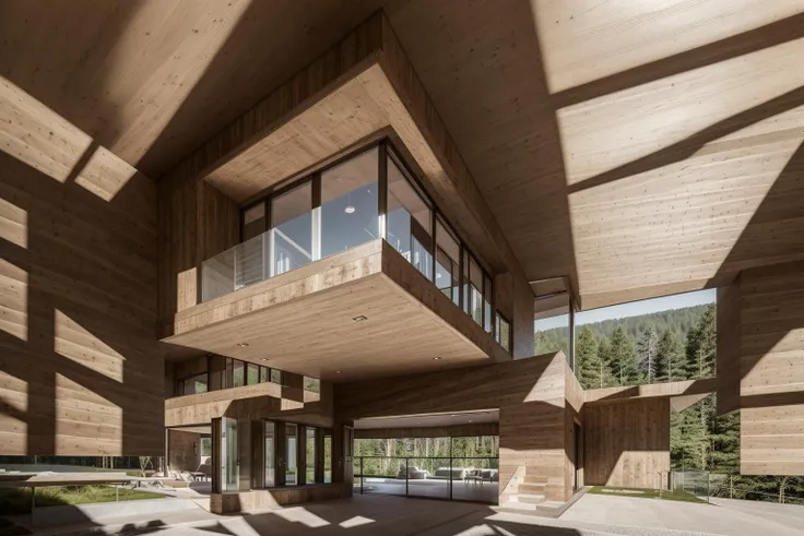 dvArchModern, 85mm, f1.8, portrait, photo realistic, hyperrealistic, orante, super detailed, intricate, dramatic,sunlight lighting, shadows, high dynamic range, (Villa in the forest), Wooden house, masterpiece,best quality,(8k, RAW photo:1.2),(( ultra realistic)),