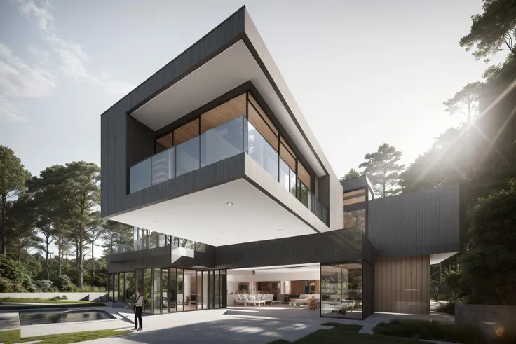 dvArchModern, 85mm, f1.8, portrait, photo realistic, hyperrealistic, orante, super detailed, intricate, dramatic,sunlight lighting, shadows, high dynamic range, Villa in the forest, masterpiece,best quality,(8k, RAW photo:1.2),(( ultra realistic)),