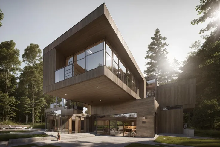 dvArchModern, 85mm, f1.8, portrait, photo realistic, hyperrealistic, orante, super detailed, intricate, dramatic,sunlight lighting, shadows, high dynamic range, (Villa in the forest), Wooden house, masterpiece,best quality,(8k, RAW photo:1.2),(( ultra realistic)),