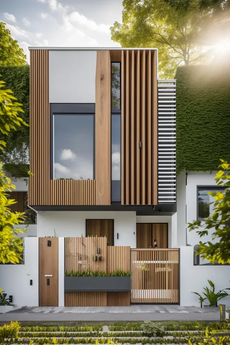 dvArchModern, 85mm, f1.8, portrait, photo realistic, hyperrealistic, orante, super detailed, intricate, dramatic, sunlight lighting, shadows, high dynamic range, house, masterpiece,best quality,(8k, RAW photo:1.2),(( ultra realistic)), modernvilla, blackandwhite, trees, vine, architecture, building, cloud, vivid colour, masterpiece,best quality,super detailed,realistic,photorealistic, 8k, sharp focus, a photo of a building <lora:house_architecture_Exterior_SDlife_Chiasedamme:0.7> wood,