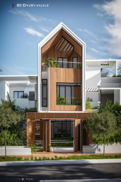 dvArchModern, 85mm, f1.8, portrait, photo realistic, hyperrealistic, orante, super detailed, intricate, dramatic, sunlight lighting, shadows, high dynamic range, house, masterpiece,best quality,(8k, RAW photo:1.2),(( ultra realistic)), modernvilla, blackandwhite, trees, vine, architecture, building, cloud, vivid colour, masterpiece,best quality,super detailed,realistic,photorealistic, 8k, sharp focus, a photo of a building <lora:house_architecture_Exterior_SDlife_Chiasedamme:0.7> wood,