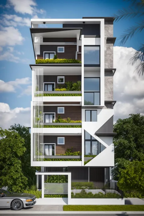 dvArchModern, 85mm, f1.8, portrait, photo realistic, hyperrealistic, orante, super detailed, intricate, dramatic, sunlight lighting, shadows, high dynamic range,  house, masterpiece,best quality,(8k, RAW photo:1.2),(( ultra realistic)), modernvilla, blackandwhite, trees, vine, architecture, building, cloud, vivid colour, masterpiece,best quality,super detailed,realistic,photorealistic, 8k, sharp focus, a photo of a building  <lora:house_architecture_Exterior_SDlife_Chiasedamme:0.7>