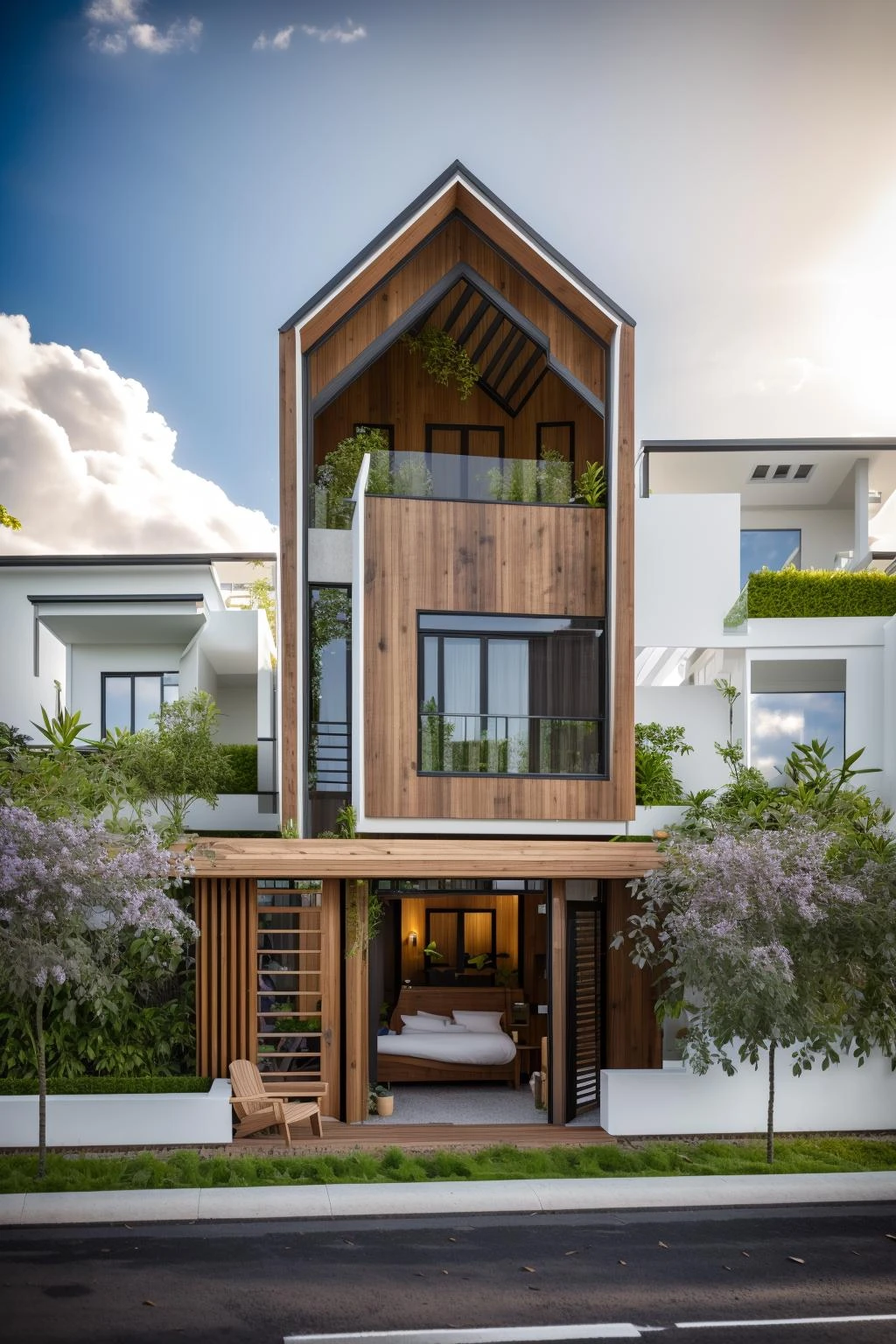 dvArchModern, 85mm, f1.8, portrait, photo realistic, hyperrealistic, orante, super detailed, intricate, dramatic, sunlight lighting, shadows, high dynamic range, house, masterpiece,best quality,(8k, RAW photo:1.2),(( ultra realistic)), modernvilla, blackandwhite, trees, vine, architecture, building, cloud, vivid colour, masterpiece,best quality,super detailed,realistic,photorealistic, 8k, sharp focus, a photo of a building <lora:house_architecture_Exterior_SDlife_Chiasedamme:0.7> wood,