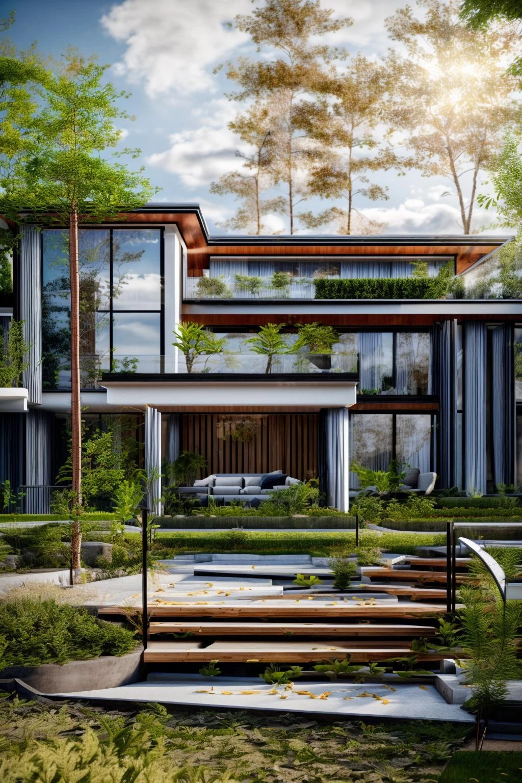 villa01, outdoors, sky, day, tree, no humans, window, watermark, grass, plant, building, scenery, stairs, fence, house, dvArchModern, 85mm, f1.8, portrait, photo realistic, hyperrealistic, orante, super detailed, intricate, dramatic, sunlight lighting, shadows, high dynamic range, house, masterpiece,best quality,(8k, RAW photo:1.2),(( ultra realistic)), modernvilla, blackandwhite, trees, vine, architecture, building, cloud, vivid colour, masterpiece,best quality,super detailed,realistic,photorealistic, 8k, sharp focus, a photo of a building, wood, <lora:villa01_architecture_SDlife_Chiasedamme:0.6>
<lora:more_details:0.6> <lora:add_detail:0.6> <lora:house_architecture_Exterior_SDlife_Chiasedamme:0.5>