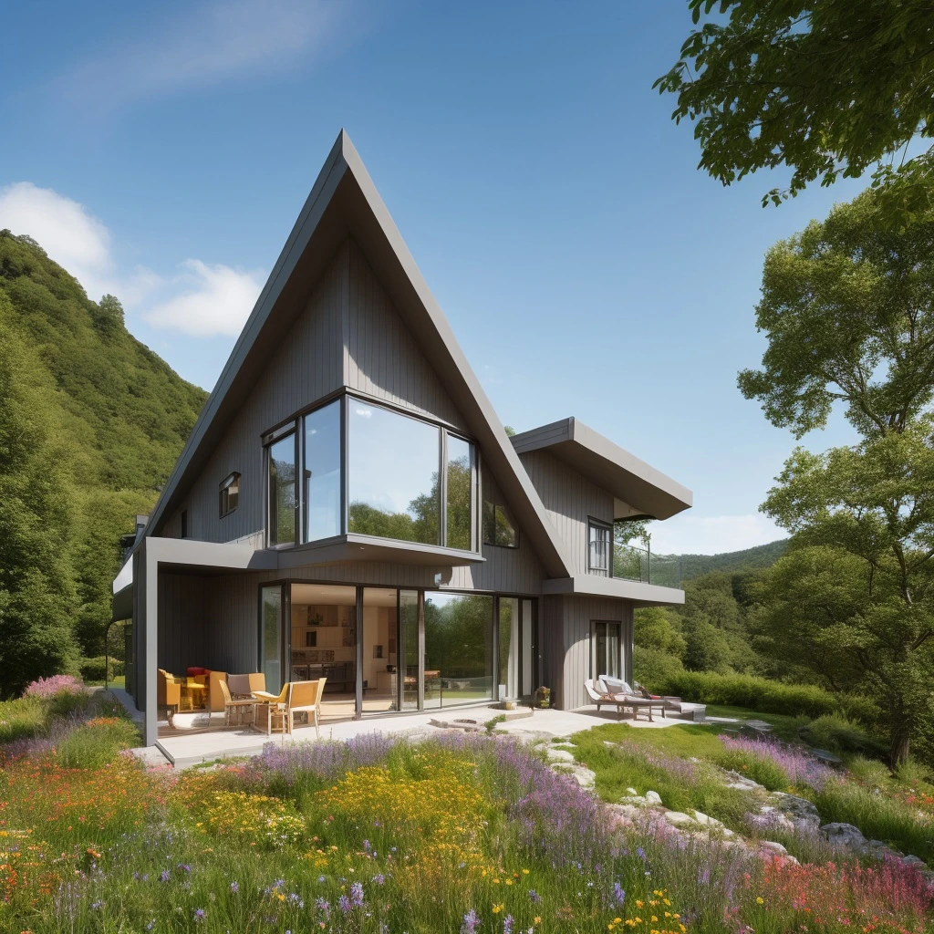 a small and beautiful modern house on a slope of a green hill, the hill has millions of tiny colorful wild flowers, blue sky as background, high details, masterpiece, highres, best quality, photo realistic, hyper detailed photo, ArchModern