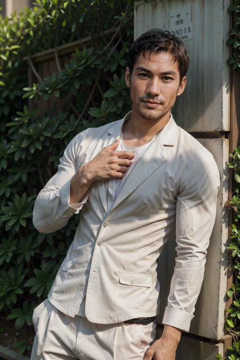 hirosh1_n0texist wearing a business suit, leaning against a tree on a sunny day, looking at the camera, facing the camera, dynamic lighting, photorealistic, high detail, detailed, masterpiece, 8k, highres, flawless, colour, professional
