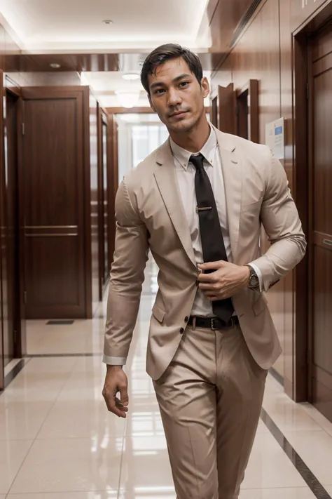 a portrait of hirosh1_n0texist, wearing an expensive business suit, walking through a hotel lobby, looking at the camera, facing the camera, dynamic lighting, photorealistic, high detail, detailed, masterpiece, 8k, highres, flawless, colour, professional