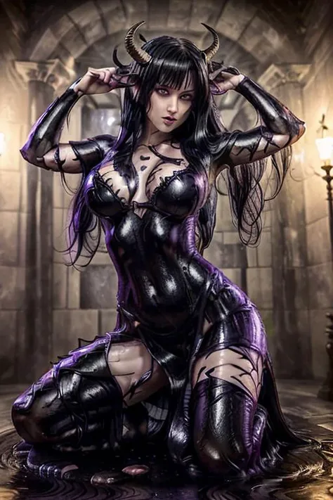 woman covered in slymebiote <lora:slymebiote-13:1>, (masterpiece), (best quality), full color photograph, high quality, very detailed, RAW, Canon EOS, lifelike, dynamic lighting, hdr, horns, demon, long black hair, straight hair, peasant blouse, long purple skirt with side slit, adult, dancing, movement, in a fountain, wet, head to thighs in frame