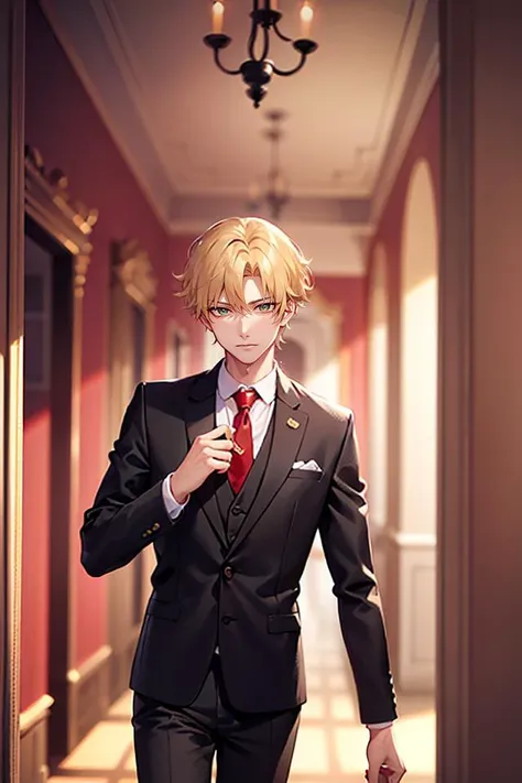 1man, solo, upper body, loidforger man with light green three-piece suit with a red tie run in corridor palace germany, blonde, blurry background, dramatic, dynamic pose, spy x family, secret agent, bokeh, <lora:ARWLoidForger:1>