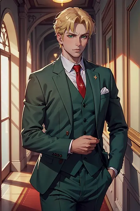 1man, solo, upper body, loidforger man with light green three-piece suit with a red tie run in corridor palace germany, blonde, blurry background, dramatic, dynamic pose, spy x family, secret agent, bokeh, <lora:ARWLoidForger:1>