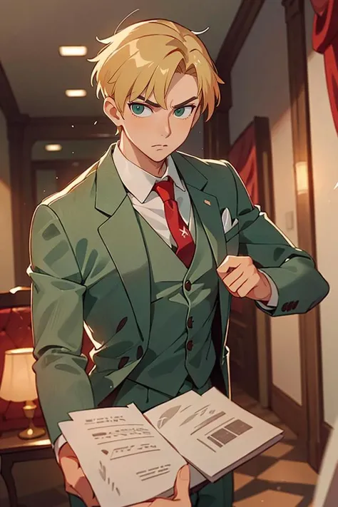 1man, solo, upper body, loidforger man with light green three-piece suit with a red tie run in corridor palace germany, blonde, blurry background, dramatic, dynamic pose, spy x family, secret agent, bokeh, <lora:ARWLoidForger:1>