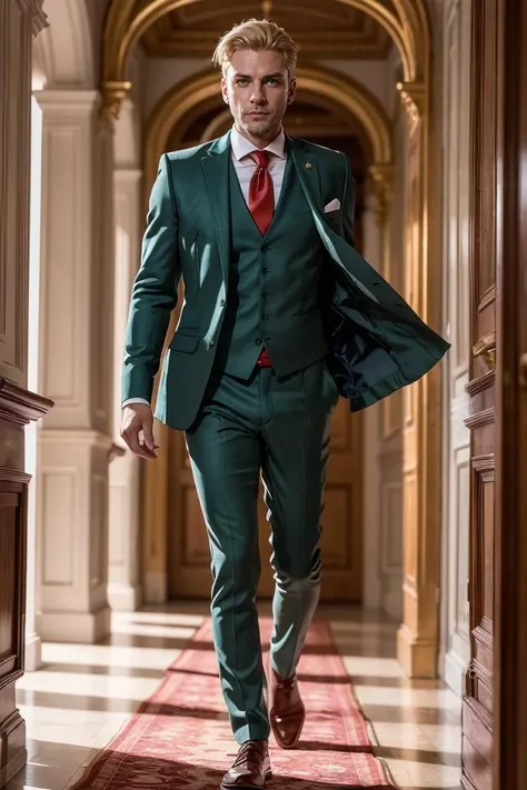 1man, upper body, loidforger man with light green three-piece suit with a red tie run in corridor palace germany, blonde, blurry background, dramatic, dynamic pose, spy x family, secret agent, bokeh, <lora:ARWLoidForger:1>