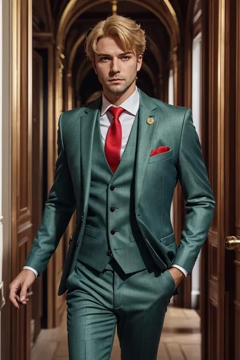 1man, solo, upper body, loidforger man with light green three-piece suit with a red tie run in corridor palace germany, blonde, blurry background, dramatic, dynamic pose, spy x family, secret agent, bokeh, <lora:ARWLoidForger:1>