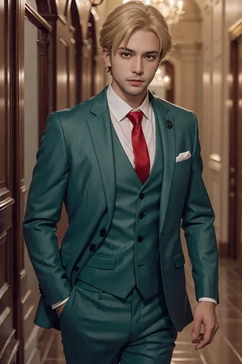 1man, solo, upper body, loidforger man with light green three-piece suit with a red tie run in corridor palace germany, blonde, blurry background, dramatic, dynamic pose, spy x family, secret agent, bokeh, <lora:ARWLoidForger:1>
