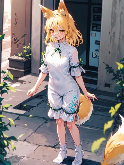 1girl, city, buildings, Kudamaki Tsukasa, fox ears, only one fox tail, narrow hair between eyes, very long and very narrow bang, white coveralls down to the upper arms and knees, green pattern on the thigh part of the clothes, green ribbons hung to the end of clothes, yellow eyes, short-length hair, white socks
<lora:Kudamaki_Tsukasa:0.9>