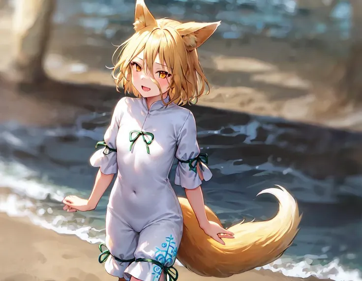 1girl, walking along the beach, Kudamaki Tsukasa, fox ears, only one fox tail, narrow hair between eyes, very long and very narrow bang, white coveralls down to the upper arms and knees, green pattern on the thigh part of the clothes, green ribbons hung to the end of clothes, yellow eyes, short-length hair
<lora:Kudamaki_Tsukasa:0.9>