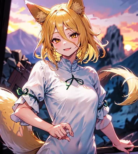 1girl, Kudamaki Tsukasa, fox ears, only one fox tail, narrow hair between eyes, very long and very narrow bang, white coveralls down to the upper arms, green ribbons hung to the end of clothes, yellow eyes, short-length hair, upper body, smiling, sunset, purple sky, rocky mountains, deep mountain
<lora:Kudamaki_Tsukasa:0.9>