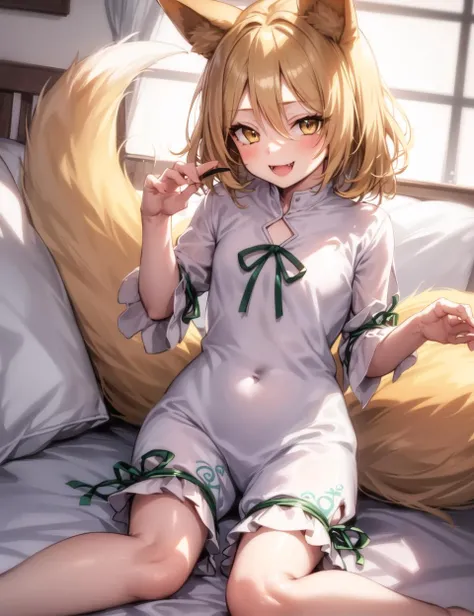 masterpiece, best quality, hater \(hatater\), (((1girl))), solo, solo focus, (((kudamaki tsukasa))), animal ears, fox ears, ((smug)), looking at viewer, tail, ribbon, smile, hair between eyes, fox tail, animal ear fluff, short sleeves, fangs, bangs, breasts, small breasts, teeth, blonde hair, brown eyes, green ribbon, neck ribbon, fox girl, short hair, romper, brown hair, yellow eyes, black ribbon, on back, on bed, arms up, blush, sweat, petite, skinny, flat chest, <lora:KudamakiTsukasaProject_kudamakiTsukasaV10:1>, <lyco:hatater-lora-v1c-10:1>,
