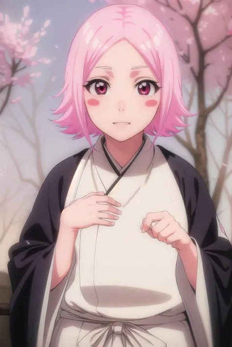 yachirukusajishi, <lora:yachirukusajishi-lora-nochekaiser:1>,
yachiru kusajishi, short hair, pink hair, (pink eyes:1.5), blush stickers, <lora:talkmouth_E_v100:1>, open mouth, forehead,
BREAK long sleeves, japanese clothes, hakama, black hakama,
BREAK outdoors,
BREAK looking at viewer, (cowboy shot:1.5),
BREAK <lyco:GoodHands-beta2:1>, (masterpiece:1.2), best quality, high resolution, unity 8k wallpaper, (illustration:0.8), (beautiful detailed eyes:1.6), extremely detailed face, perfect lighting, extremely detailed CG, (perfect hands, perfect anatomy),