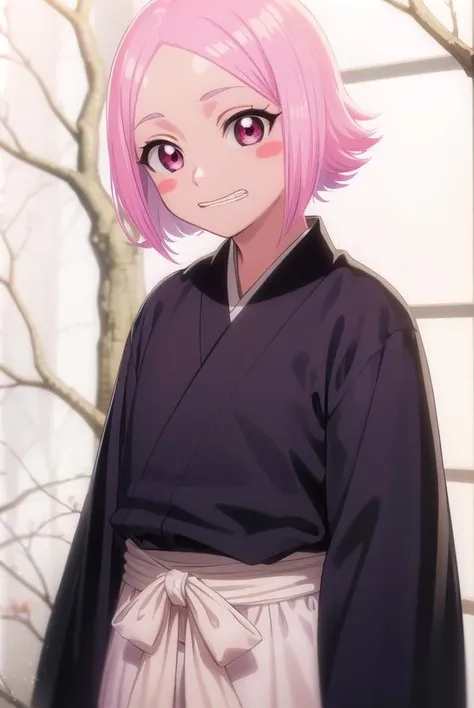 yachirukusajishi, <lora:yachirukusajishi-lora-nochekaiser:1>,
yachiru kusajishi, short hair, pink hair, (pink eyes:1.5), blush stickers, <lora:talkmouth_I_v100:1>, open mouth, forehead,
BREAK long sleeves, japanese clothes, hakama, black hakama,
BREAK outdoors,
BREAK looking at viewer, (cowboy shot:1.5),
BREAK <lyco:GoodHands-beta2:1>, (masterpiece:1.2), best quality, high resolution, unity 8k wallpaper, (illustration:0.8), (beautiful detailed eyes:1.6), extremely detailed face, perfect lighting, extremely detailed CG, (perfect hands, perfect anatomy),