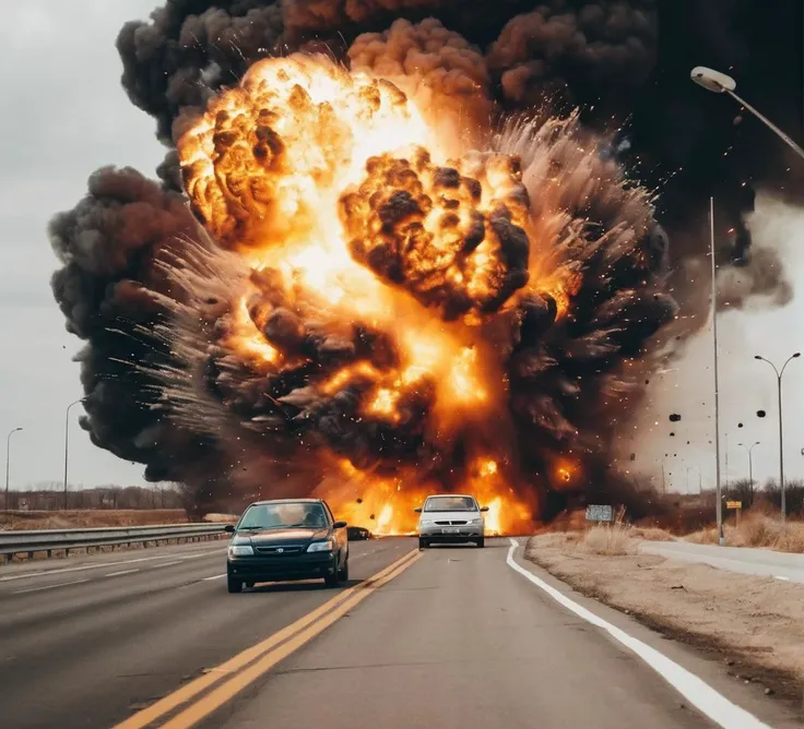 (Atomic Bomb Mushroom Explosion: 0.8) cidade ao fundo, (distant buildings), estrada perto, um carro na estrada, Bombed buildings, scenic view, People looking at the explosion, (pessoas correndo), (single picture), (Estrada simples com cidade ao fundo), (por do sol),