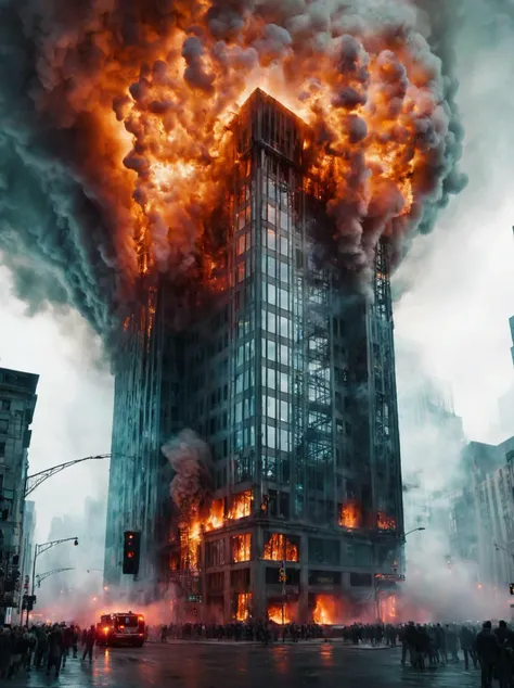 cinematic shot of a burning headquarters building in the middle of a very futuristic dystopian city, engulfed in violent flames, volumetric fog, volumetric lighting, Explosion Artstyle, fire, flames, explosion, shrapnel, falling chunks, billowing smoke, hazy, smoke, ):1>, cloudy, smoke, atmospheric, clouds, fog, intricate detail, perfect realism, cloudy, cyberpunk style, cyberpunk, special effects masterpiece, cinematic, smoke, atmospheric, clouds, fog, contrasts, ):0.65>, contrasts, architecture, futuristic fire trucks, emergency, <lora:Effect__Explosion Artstyle - Trigger is Explosion Artstyle:1>, <lora:Style__SDXL_cyberpunk_real:1> <lora:Cloudy_Style:1> cloudy <lora:___SDXL_NoiseOffset_(