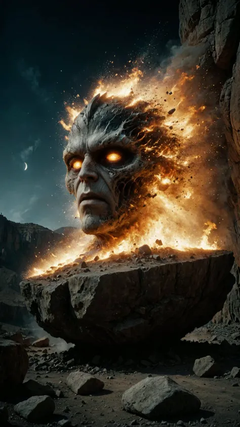 cinematic film still <lora:ral-dissolve-sdxl:0.8> ral-dissolve Amidst the towering cliffs, the Cyclops stomped with earth-shaking force, its single eye glaring fiercely at its adversaries. With a boulder the size of a castle turret in its grasp, it hurled the massive rock with deadly accuracy, crushing anything foolish enough to stand in its way., in A deserted carnival at night, with faded lights and a sense of eerie silence, sharp contrast, Silhouette Shot, 50mm, f/2.8 <lora:Explosion Artstyle - Trigger is Explosion Artstyle:0.8> Explosion Artstyle, shallow depth of field, vignette, highly detailed, high budget Hollywood film, bokeh, cinemascope, moody, epic, gorgeous, film grain
