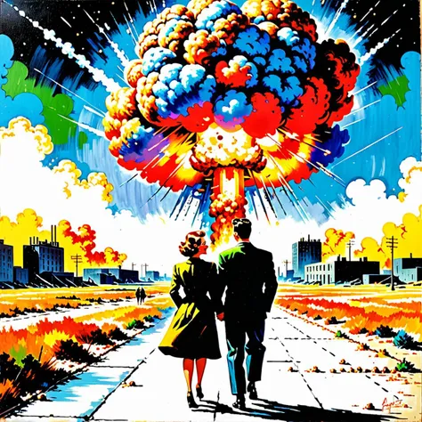 painting of happy couple, atomic age, vibrant colors, fallout, distant city, (atomic bomb explosion in distance)++, explosion artstyle <lora:Trigger is Explosion Artstyle:1>