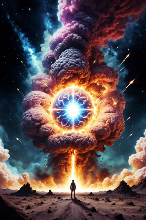 explosions in the sky, Kali Yuga, Demiurge, serpent eyes, body adorned with cosmic lights, galaxy clusters, surrealism, astronomical scale, huge, epic, unimaginable size, Roar emitting consciousness and cosmic matter,
<lora:Explosion Artstyle - Trigger is Explosion Artstyle:1>, Explosion Artstyle