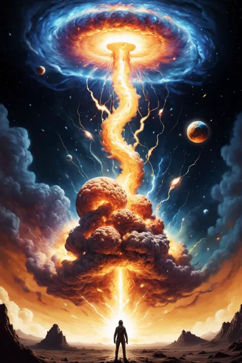 explosions in the sky, Kali Yuga, Demiurge, serpent eyes, body adorned with cosmic lights, galaxy clusters, surrealism, astronomical scale, huge, epic, unimaginable size, Roar emitting consciousness and cosmic matter,
<lora:Explosion Artstyle - Trigger is Explosion Artstyle:1>, Explosion Artstyle