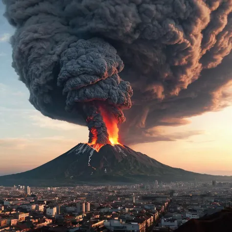 a massive stratovolcano erupting with a massive plume of ash shooting into the atmossphere, a city lies below at dusk, (masterpiece, best quality, highly detailed, realistic), <lora:Explosion Artstyle - Trigger is Explosion Artstyle:1>, Explosion Artstyle