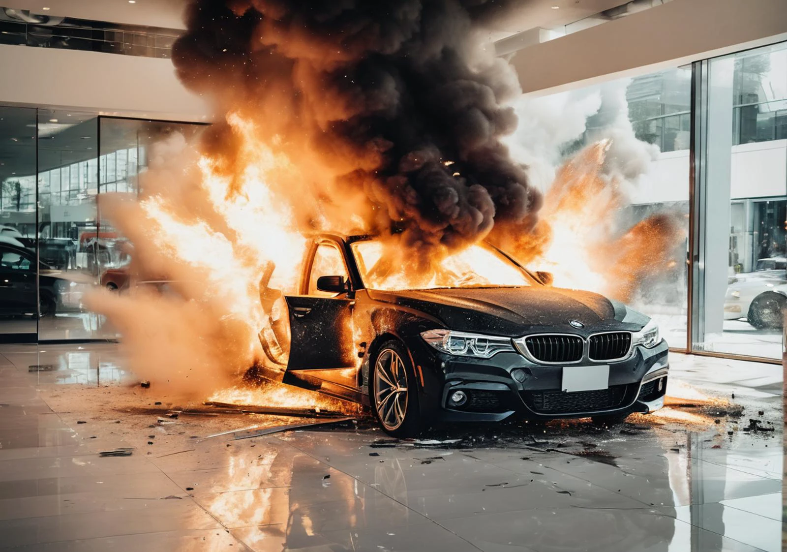 <lora:Explosion Artstyle - Trigger is Explosion Artstyle:1> , fancy car on the showroom floor at a bmw dealership, explosion artstyle