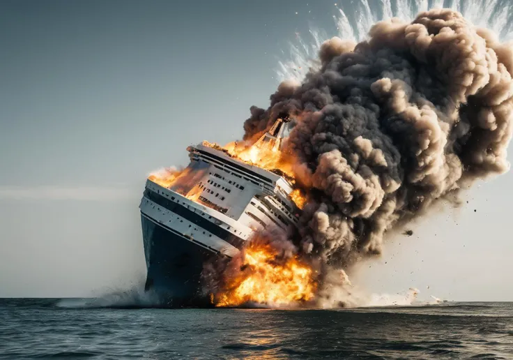 <lora:Explosion Artstyle - Trigger is Explosion Artstyle:1> Abandoned cruise ship drifting listlessly in the pacific ocean, explosion artstyle.
