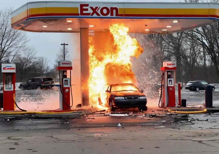 <lora:Explosion Artstyle - Trigger is Explosion Artstyle:1> Car crash into a gas pump at an Exxon gas-station in north Hartford . explosion artstyle