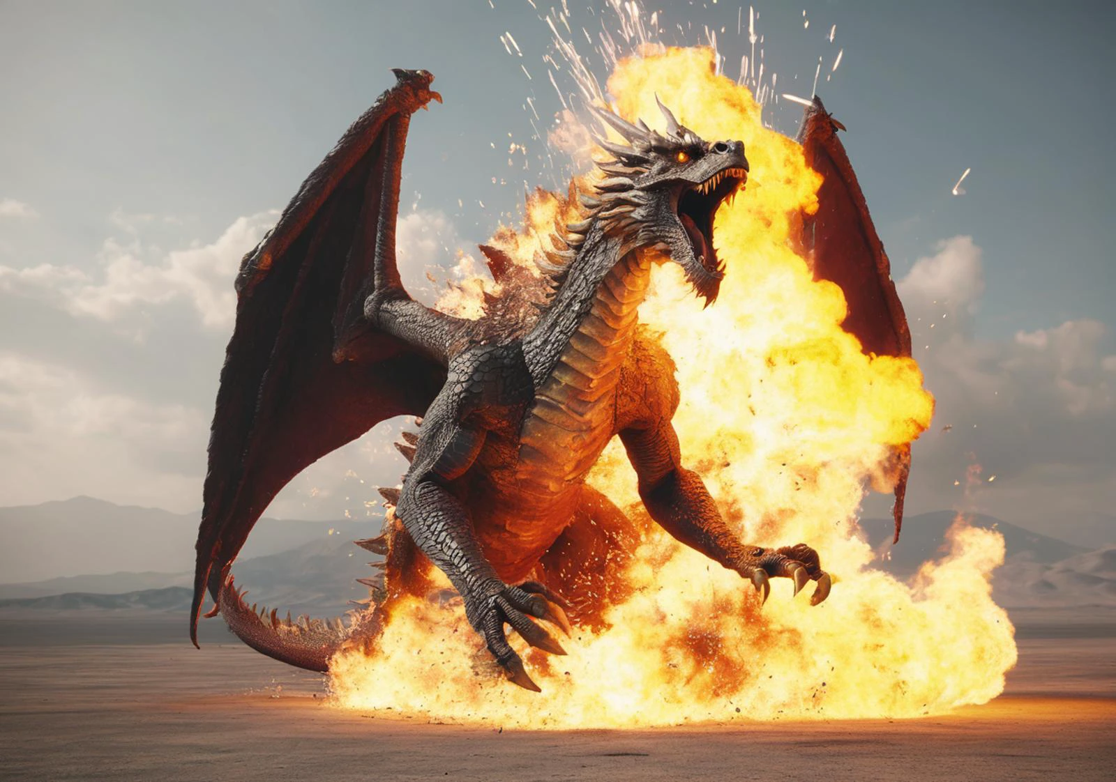 <lora:Explosion Artstyle - Trigger is Explosion Artstyle:1> Octane Engine render of a fire breathing dragon. Explosion artstyle.